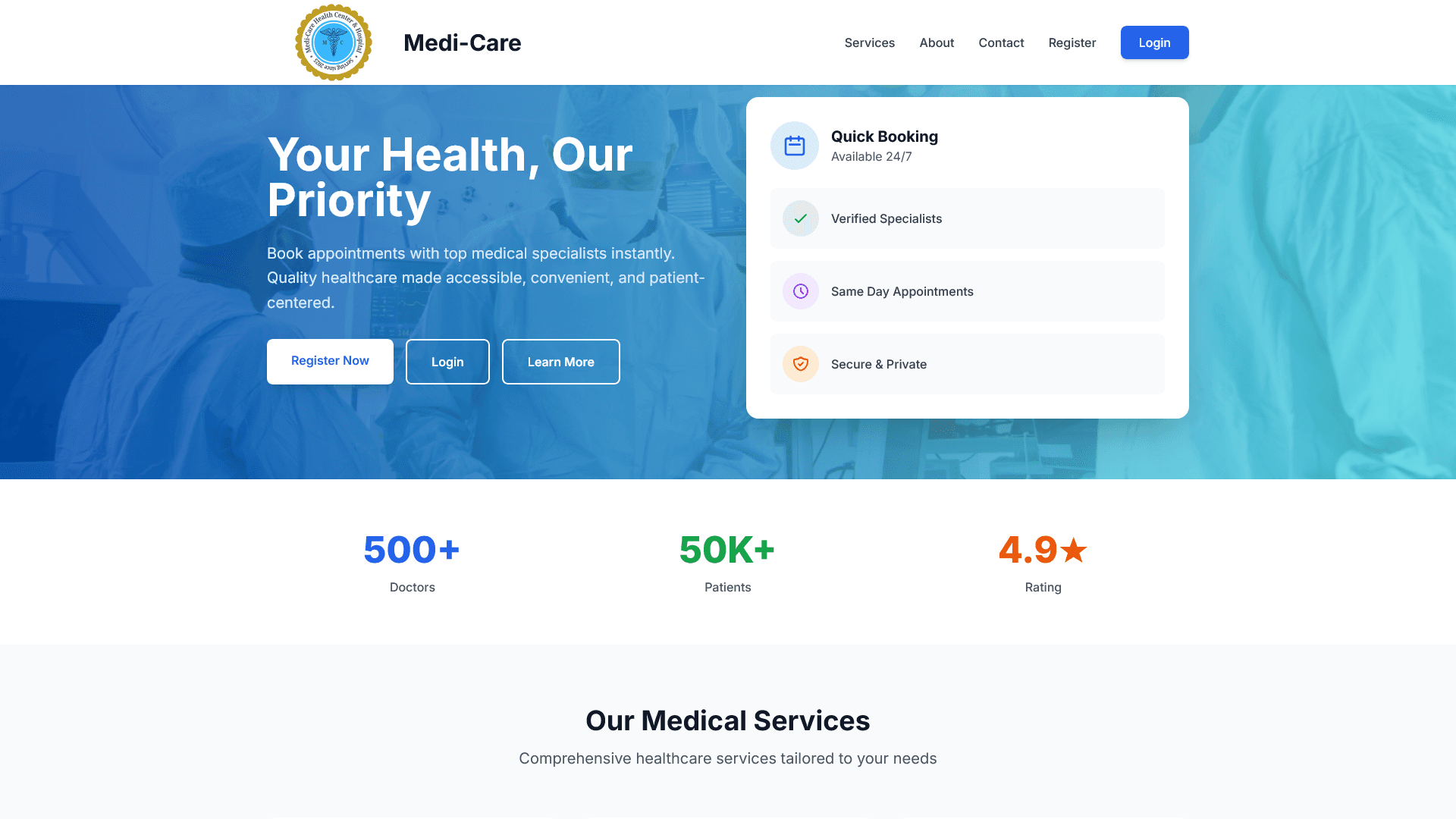 MediCare Clinic System — Landing page