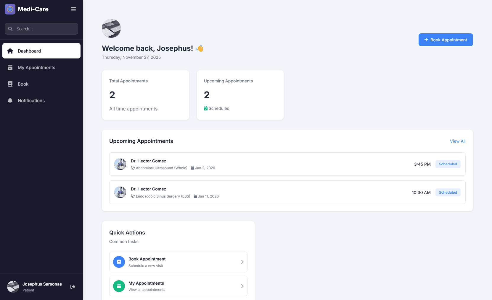 MediCare Clinic System — Patient dashboard